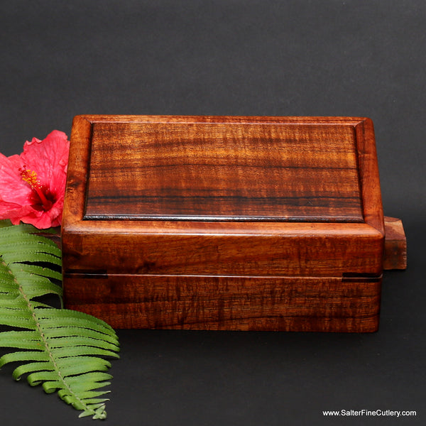 Jewelry box small featuring exhibition grade reclaimed curly Hawaiian koa wood by Salter Fine Cutlery and fine woodworking of Hawaii