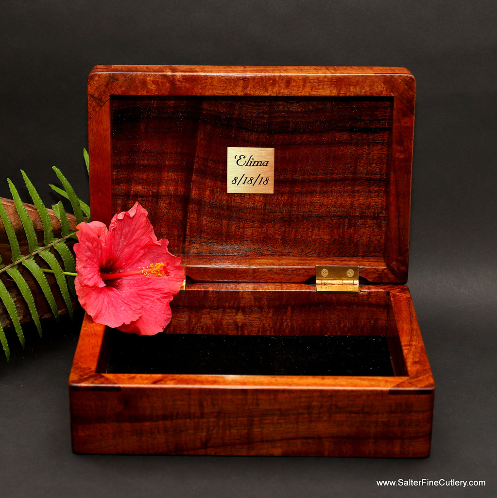 Jewelry box ladies small to hold large jewelry piece on black velvet liner with engraved sentiment on brass plate by Salter Fine Cutlery and custom woodworking 