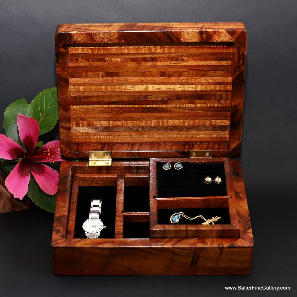 Jewelry box medium 10x7.5x3.5 curly Hawaiian exotic wood handcrafted by Salter Fine Cutlery  and custom woodworking  