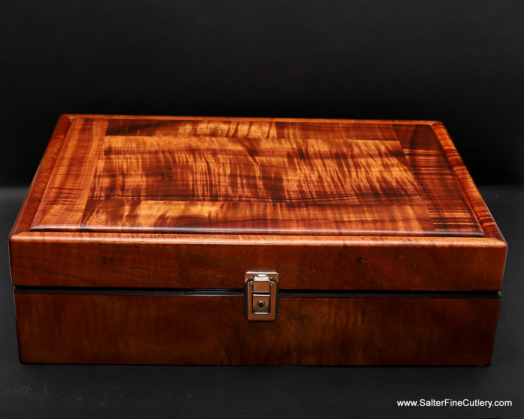 Jewelry Box XL-plus 2-tiered handcrafted solid curly koa wood by Salter Fine Cutlery custom woodworking Hawaii