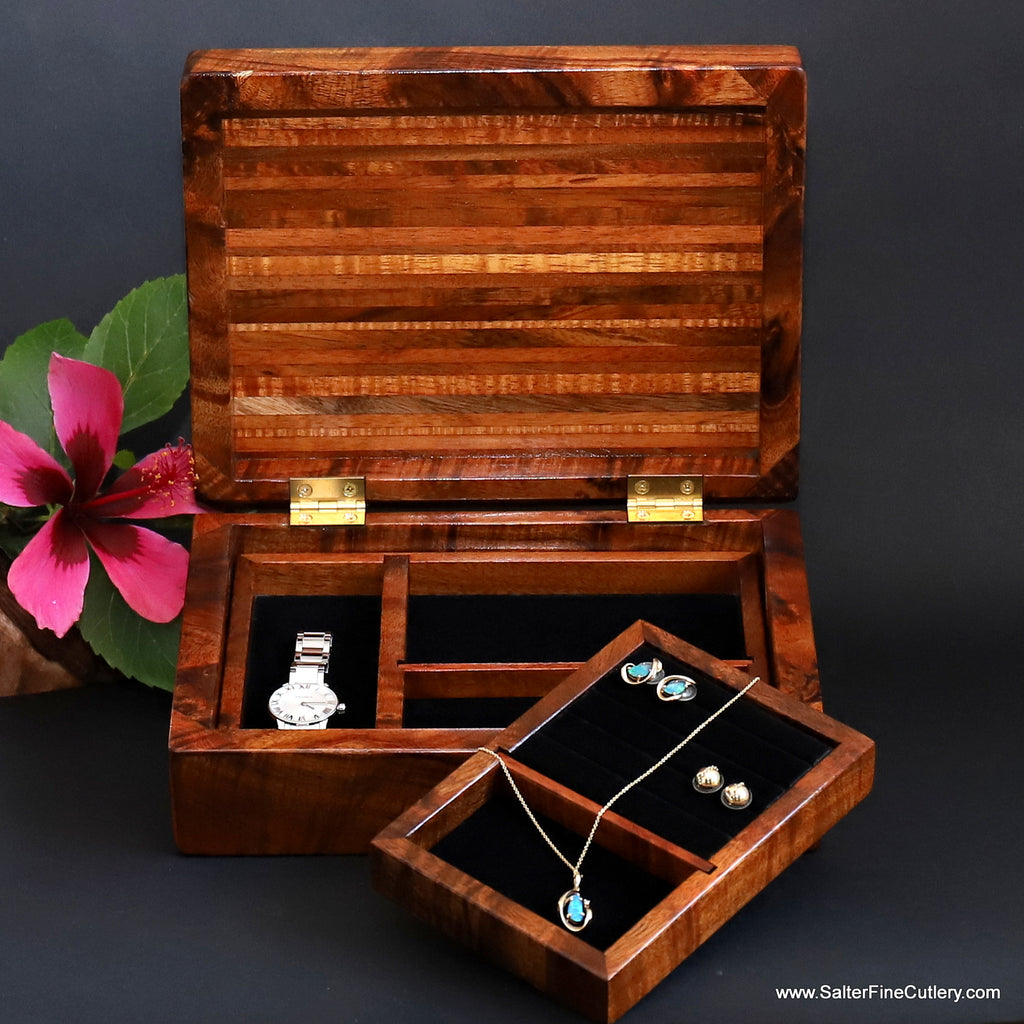 Jewelry box luxury ladies medium size with sliding top tray to hold earrings or rings by Salter Fine Cutlery and custom woodworking