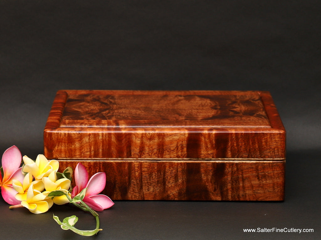 Exterior Jewelry box for men or women curly koa wood with mango trim by Salter Fine Cutlery