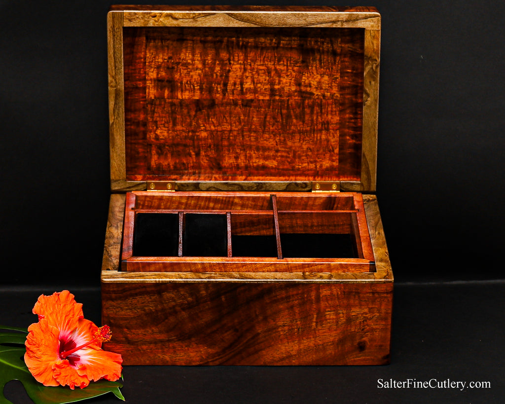 Jewelry Box 12x8.5x6 open with curly Hawaiian koa and perfume wood handcrafted by SalterFineCutlery 