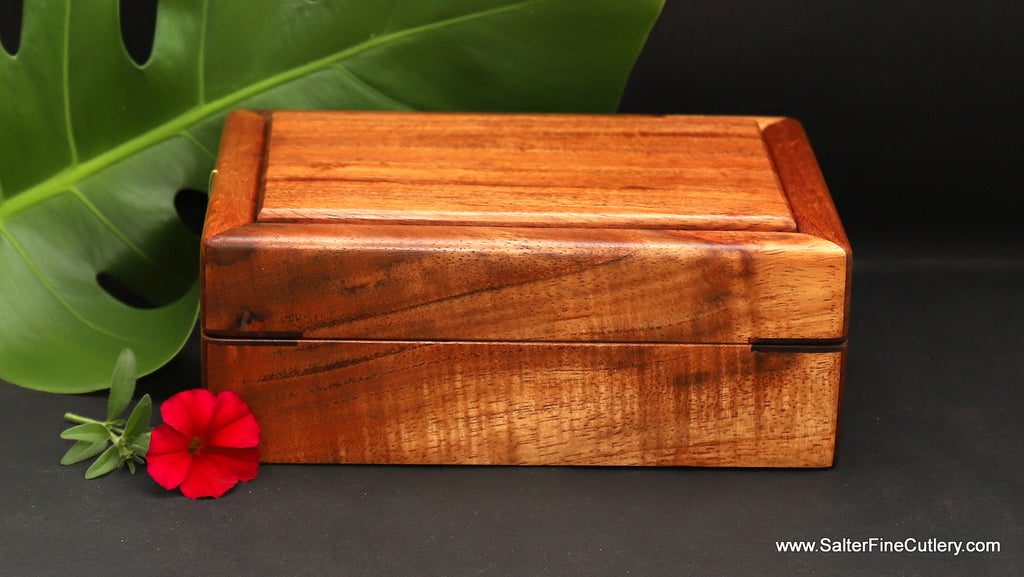 Small treasures or jewelry box handcrafted curly Hawaiian koa wood by Salter Fine Cutlery and custom woodworking of Hawaii