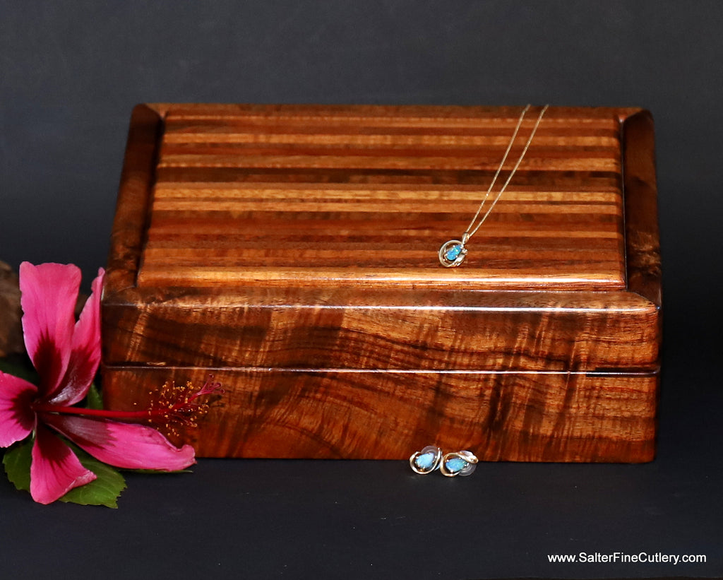 Beautiful handcrafted jewelry box 10x7.5x3.5 inch medium size with 2 removable trays handcrafted in Hawaii by Salter Fine Cutlery and  custom woodworking