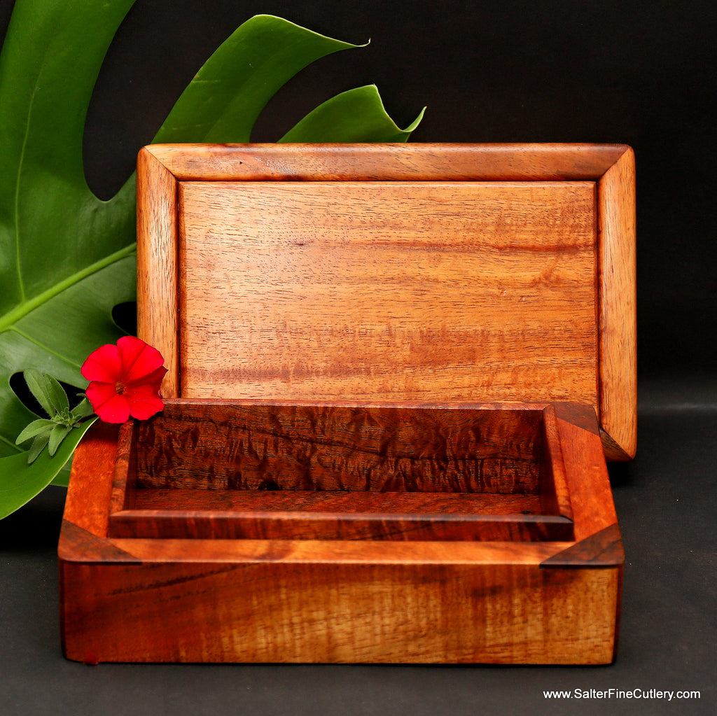 Small jewelry or memento box handcrafted by SalterFineCultery of curly rare Hawaiian koa wood