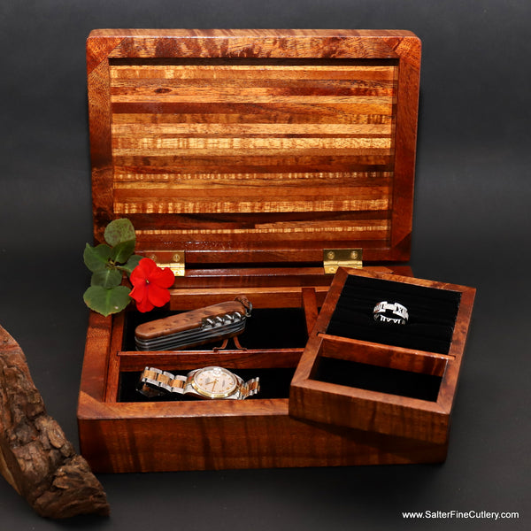 Jewelry or valet box medium 10 x 7.5 x 3.5 inches Handcrafted koa wood by Salter Fine Cutlery and custom woodworking Hawaii