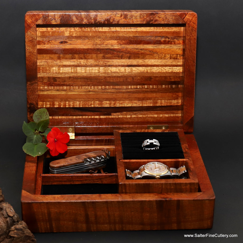 Jewelry or Valet box medium with full bottom removable tray plus half sliding tray handcrafted koa wood from Salter Fine Cutlery and custom woodworking