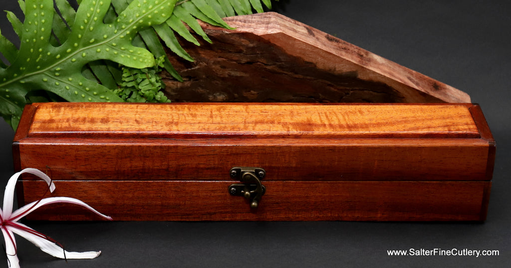 Curly Hawaiian koa wood keepsake box with ebony trim handcrafted Salter Fine Cutlery