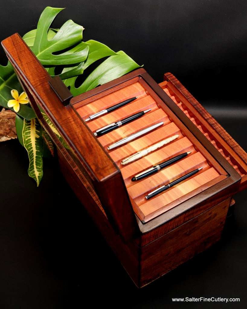Display collectibles box to hold 50 pens in 5 layers by Salter Fine Cutlery custom woodworking