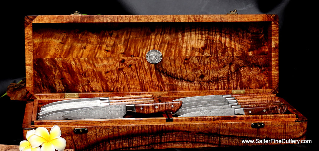 Presentation box for 12-piece steak knife set of curly exotic Hawaiian woods handcrafted by Salter Fine Cutlery and woodworking of Hawaii