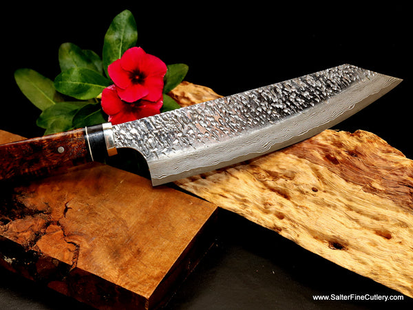 Handmade kitchen cutlery 180mm vegetable and meat knife with Raptor high polish design finigh and matte damascus lines near the blade edge offered by Salter Fine Cutlery of Hawaii