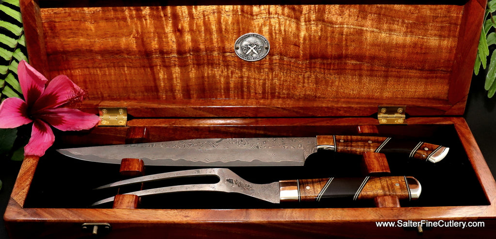 2-piece handcrafted luxury carving set in open presentation box detail view from Salter Fine Cutlery of Hawaii