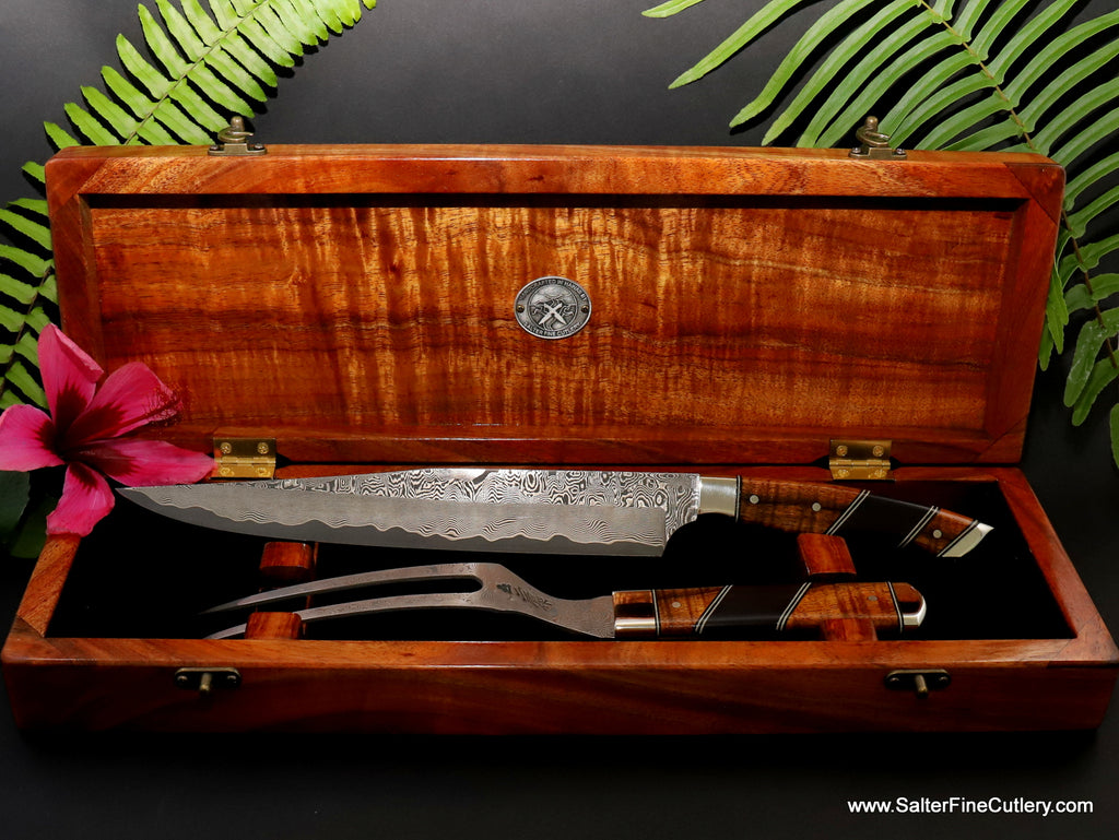 2-piee luxury carving set from our luxury collectible whirlpool damascus Charybdis series with presentation box by Salter Fine Cutlery of Hawaii