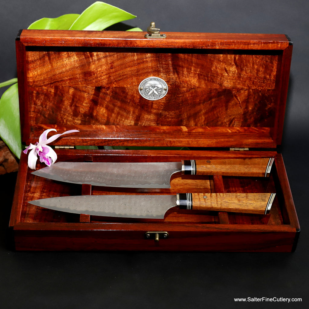 2-piece luxury chef knife set in open handcrafted keepsake box from Salter Fine Cutlery