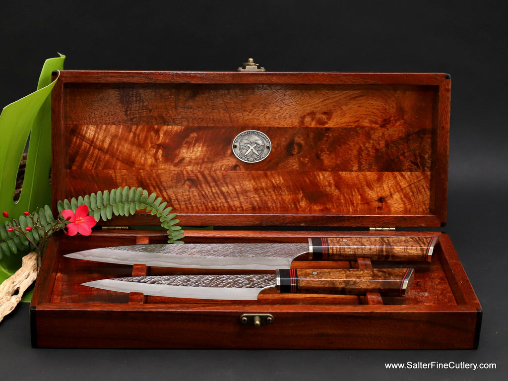2-piece chef knife set in open keepsake box luxury custom chef knives from Salter Fine Cutlery of Hawaii