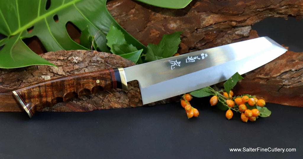 8-inch chef knife shirogami hand-forged carbon steel  mirror polish  collectible curly koa wood handle luxury chef knives by Salter Fine Cutlery
