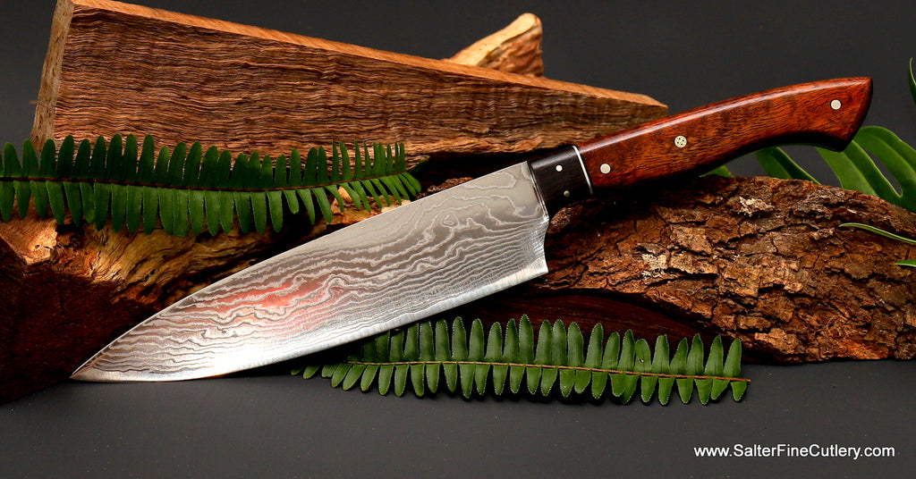 210mm chef knife new Camelback design series handforged in Japan full tang with polished desert shifting sands damascus finish and curly koa wood handle with short ebony bolster from Salter Fine Cutlery 