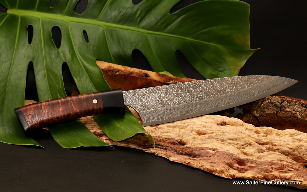 210mm chef knife Raptor design series with koa and ebony handle by Salter Fine Cutlery