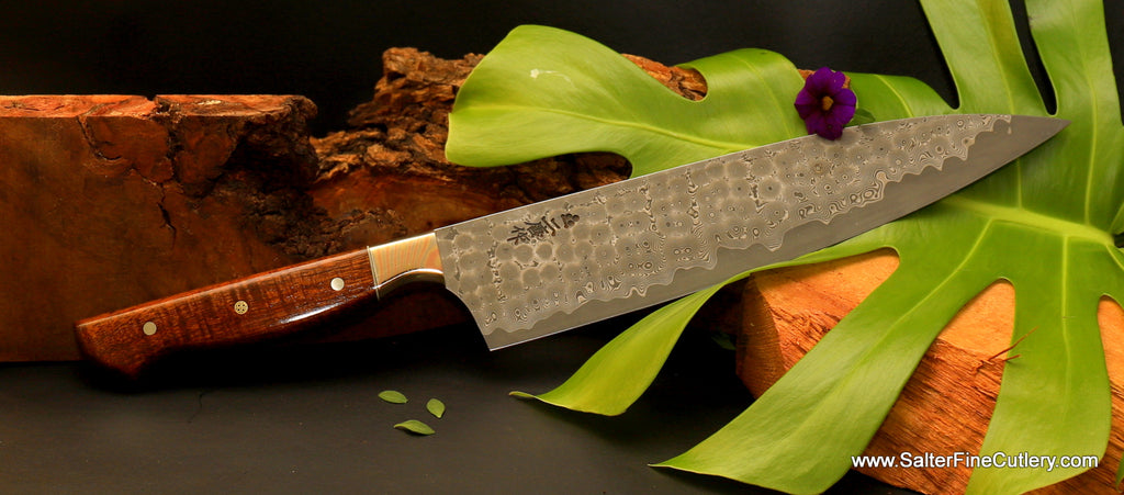 240mm "Charybdis-series" full tang chef knife with mokume damascus bolster by Salter Fine Cutlery of Hawaii