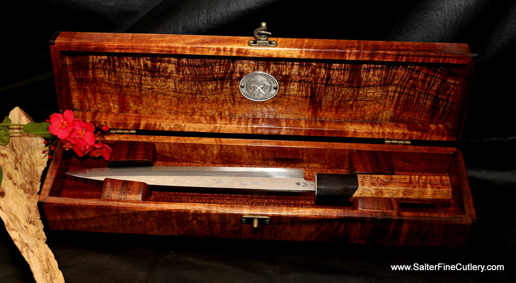 Beautiful handmade sashimi knife and keepsake box by Salter Fine Cutlery of Hawaii