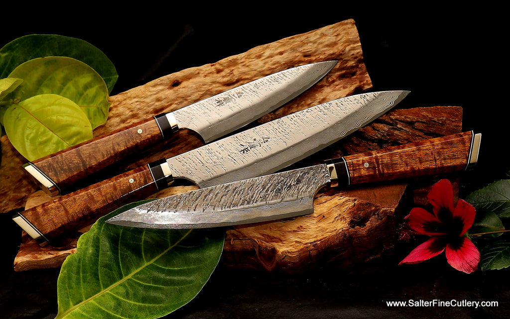 3-piece chef knife set Raptor design with artist-series handles including wide metal fittings and other decorative accents by Salter Fine Cutlery
