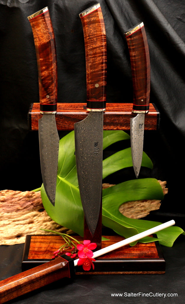 Double-Sided magnetic stand with integrated sharpening rod handmade by Salter Fine Cutlery of Hawaii