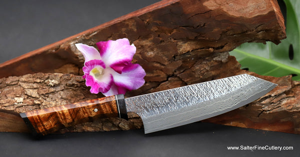 7-inch bunka style meat and vegetable knife hand-forged  R2 stainless steel with curly Hawaiian koa wood handle by Salter Fine Cutlery luxury kitchen  knives