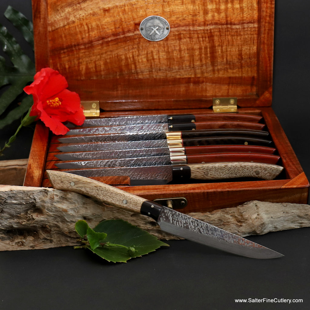 Unique and exotic luxury tableware set handforged Raptor series steak knives in presentation box from Salter Fine Cutlery