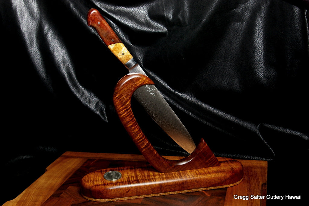 Custom stand and Japanese chef knife by Gregg Salter using Hawaiian exotic woods