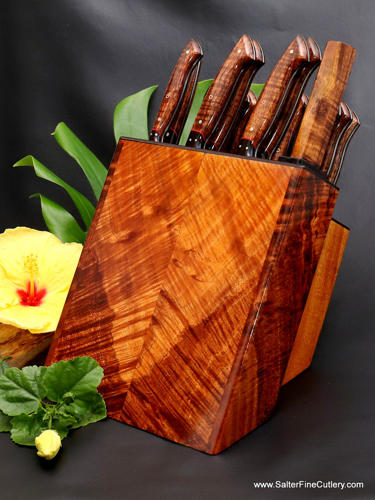 Beautiful modern styling in this distinctive handcrafted chef knife set and block storage system for luxury kitchens 19-piece combination chef and steak knife set from Salter Fine Cutlery of Hawaii