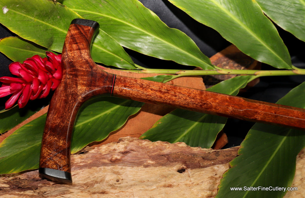 Curly koa wood cane with straight top design by Salter Fine Cutlery of Hawaii