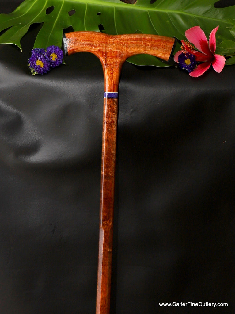 Handmade custom cane with faux stone accent on curly Hawaiian koa wood by Salter Fine Cutlery of Hawaii