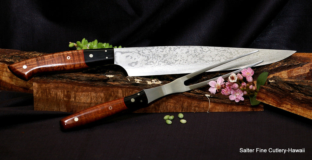 Custom handmade carving set with 240mm handforged blade and handles of curly koa wood and Mozambique ebony
