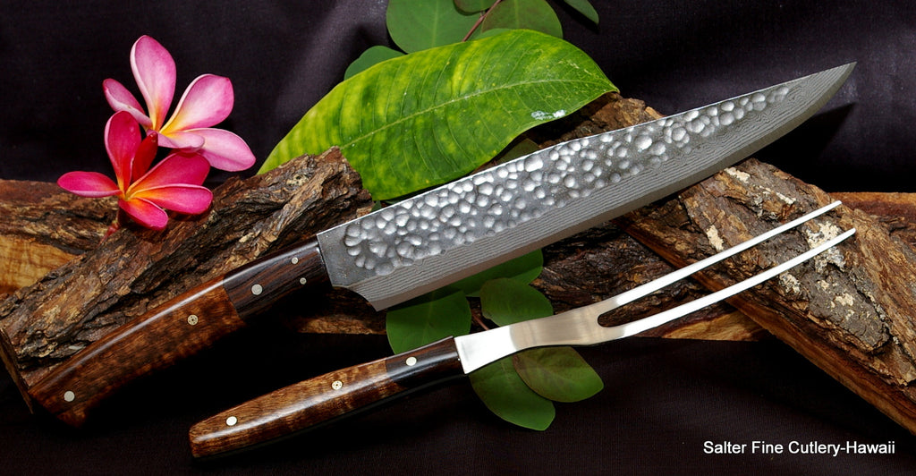 Carving Knife and Fork Handcrafted Japanese hammered finish with decorative handles Salter Fine Cutlery 