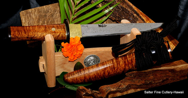 210mm Collectible custom hunting knife with Japanese style handle, sheath and work stand by Salter Fine Cutlery