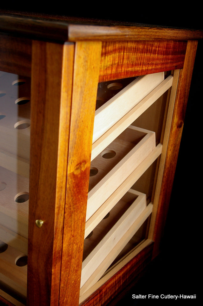 Corner detail of custom koa wood display humidor
