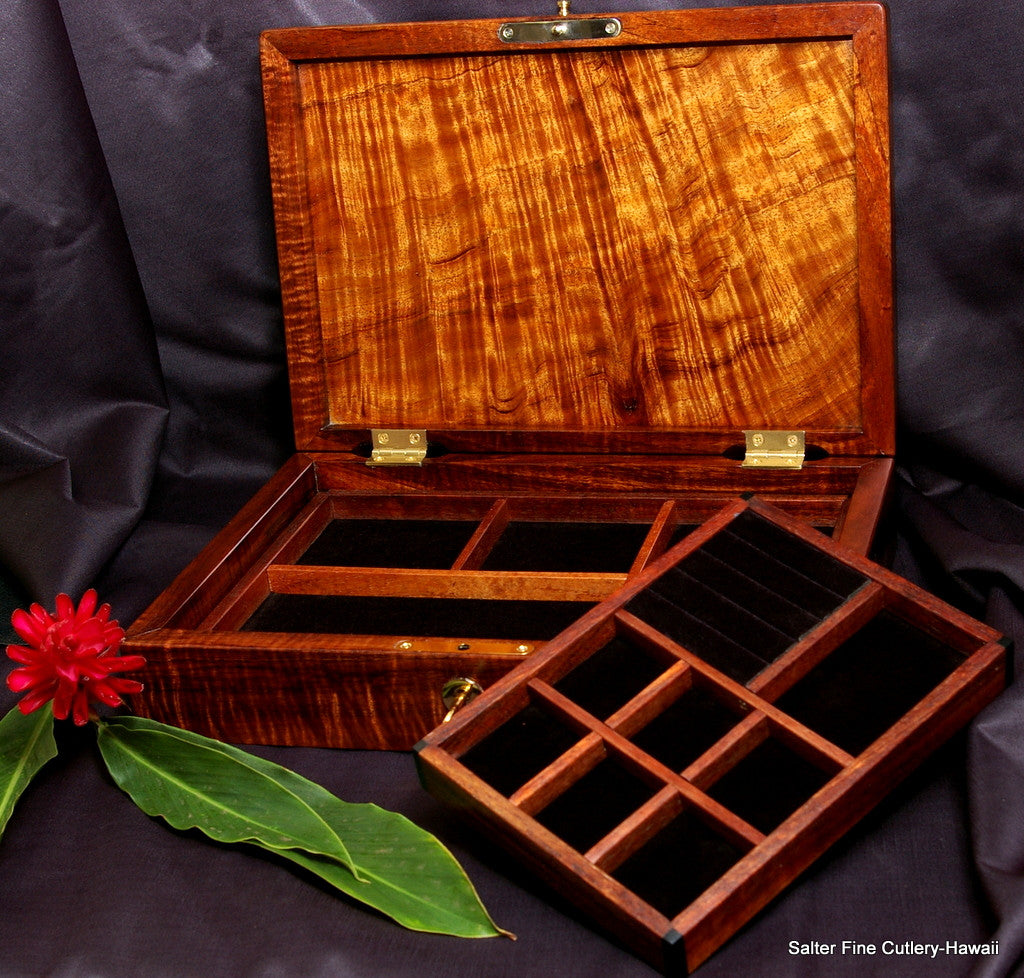 Ladies handcrafted jewelry box with gold-plated lock by Salter Fine Cutlery and custom woodworking of Hawaii
