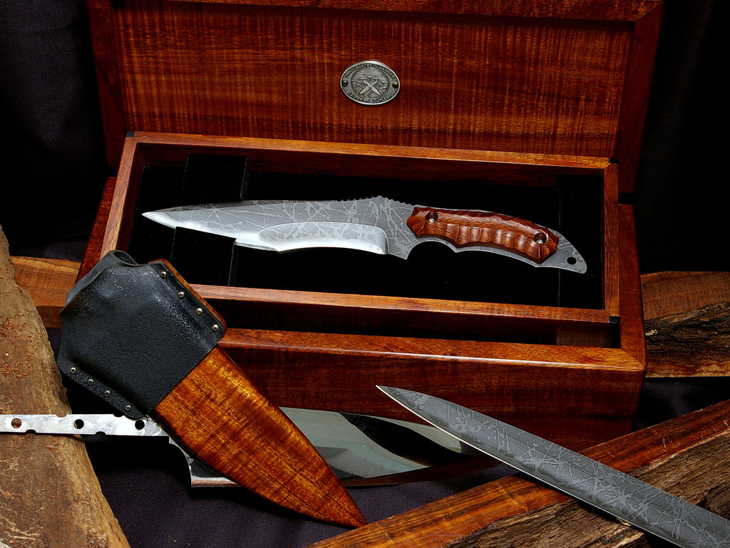 The Horsa Seax collectible tactical knife with unique wood and kydex scabbard and two-tier presentation box handcrafted by Salter Fine Cutlery and Kiku