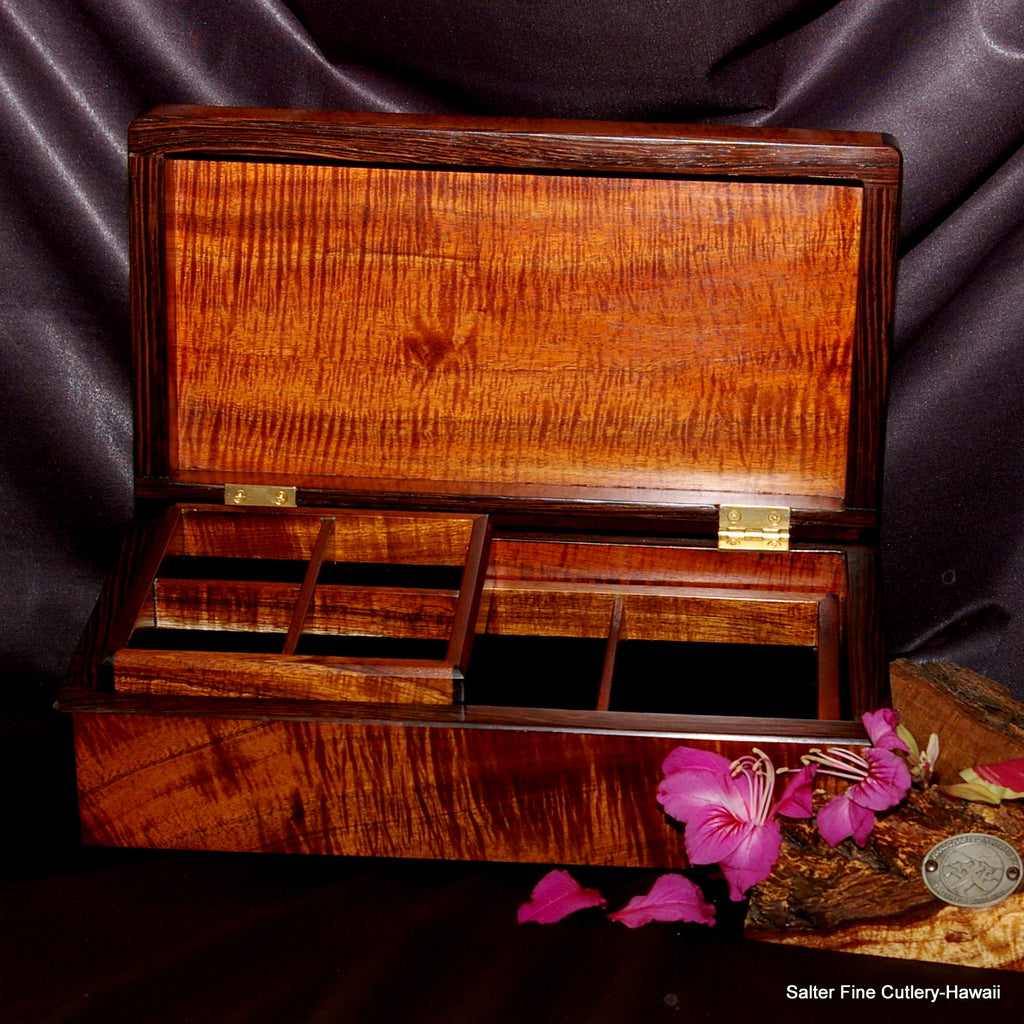 Mens valet box with large interior lined sections Hawaiian koa wood custom boxes