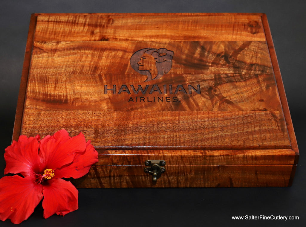 Handcrafted custom order keepsake boxes with corporate logo engraved on outside lid designed to house a special insert by our client handmade custom woodworking by Salter Fine Cutlery