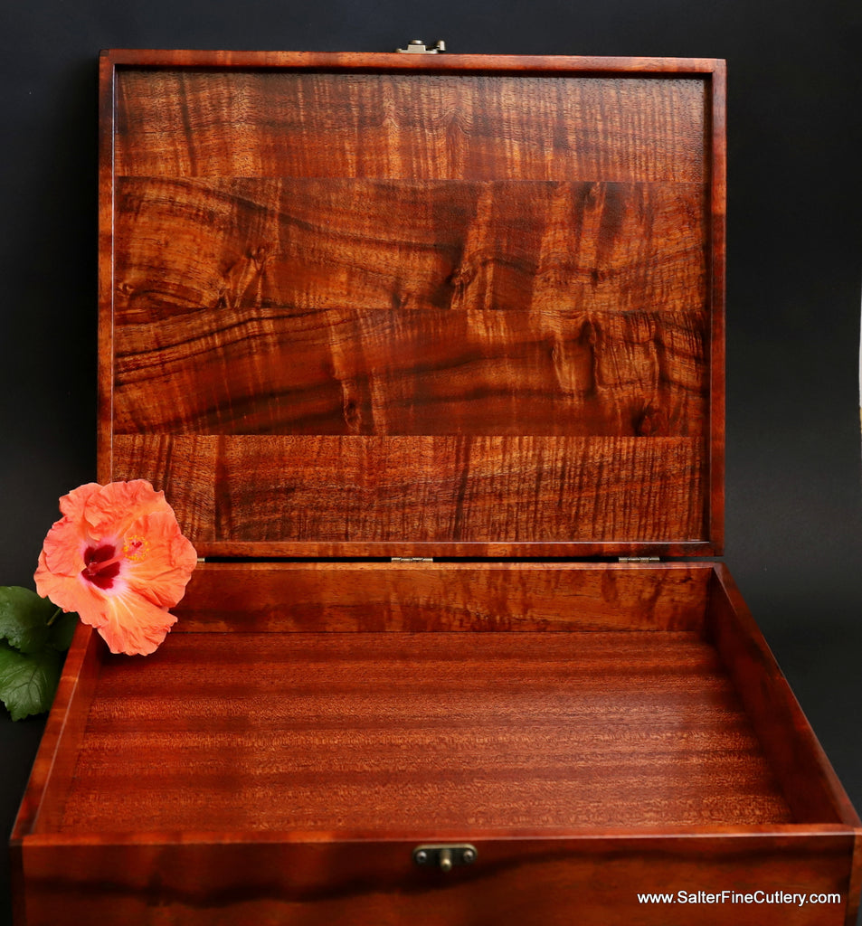 Keepsake boxes custom sized for corporate event to hold special insert completely handcrafted of exotic rare Hawaiian koa wood gift ideas for corporate or special family gatherings by Salter Fine Cutlery