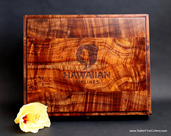 Keepsake box custom sized for corporate event with engraved logo on lid handcrafted by SalterFineCutlery and custom woodworking