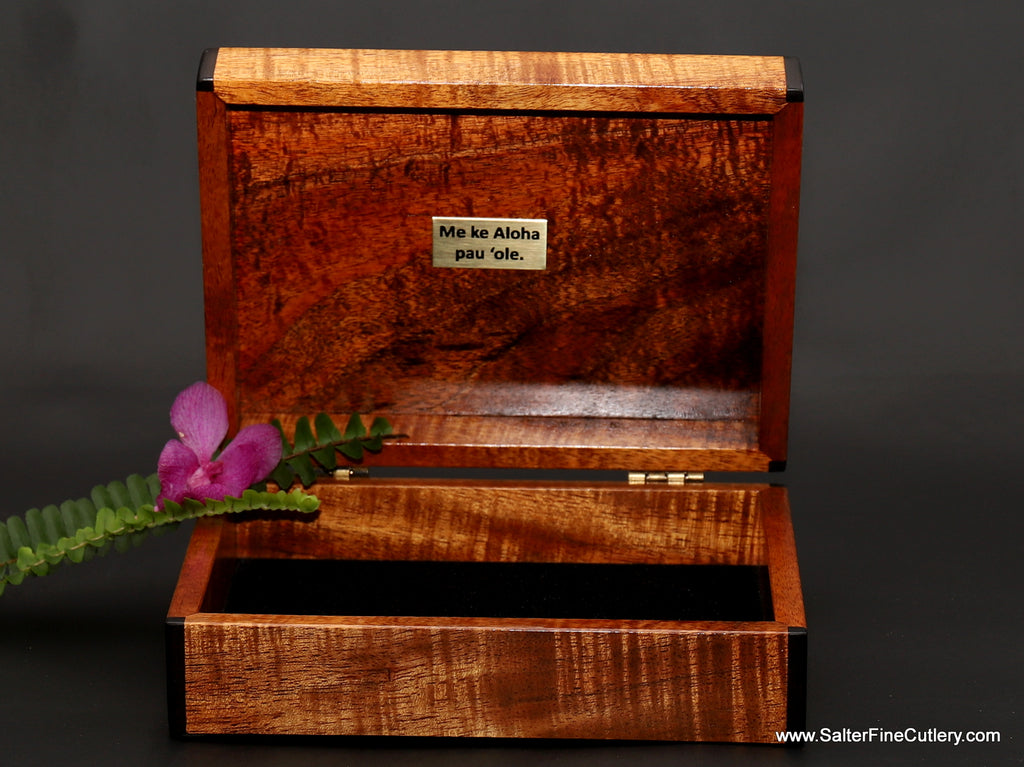 7 x 5 inch keepsake box with custom engraving from Salter Fine Cutlery of Hawaii