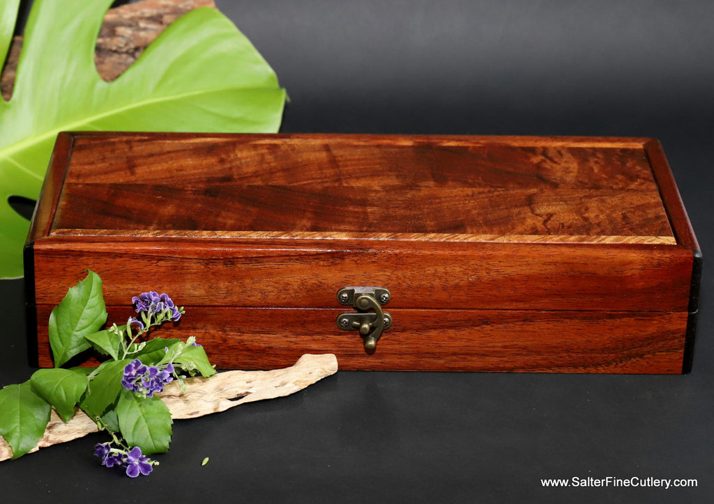 Handcrafted keepsake box to hold our 2-piece chef knife set handmade in Hawaii by Salter Fine Cutlery