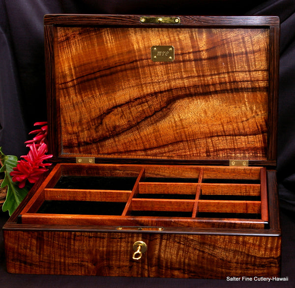 Men's deluxe jewelry box handcrafted Hawaiian curly koa wood by Salter Fine Cutlery