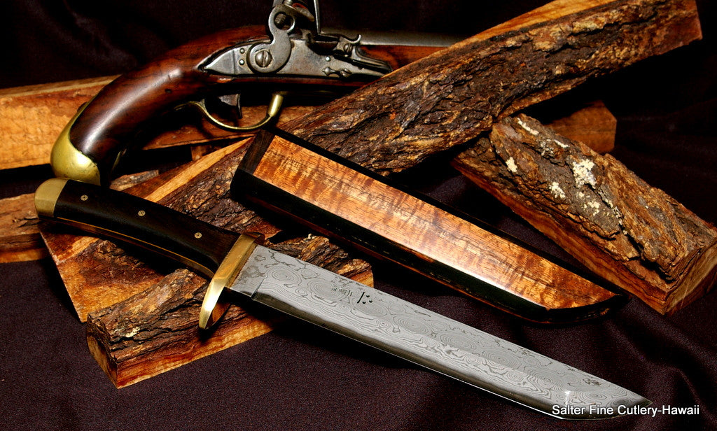 Hand forged custom bowie with Japanese shirogami damascus blade-custom handle-lined koa wood and ebony belt sheath 