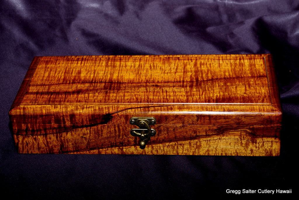 Handcrafted koa wood box for carving set by Salter Fine Cutlery
