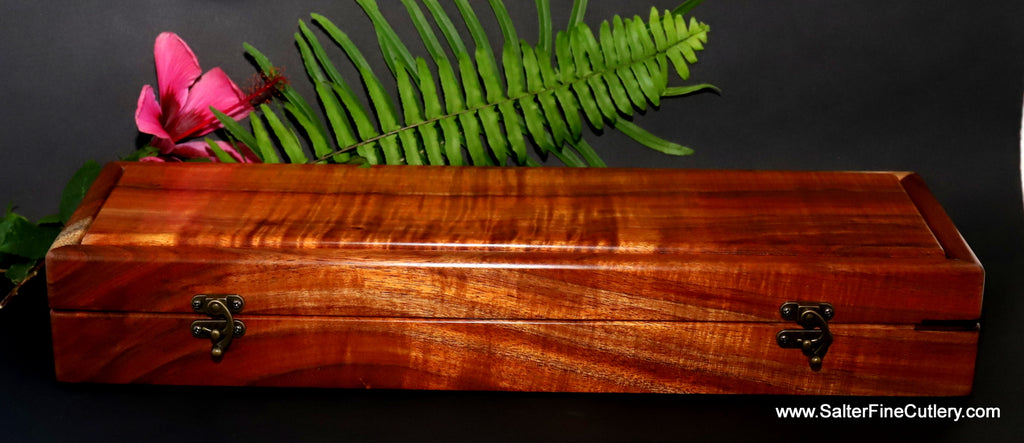 Presentation box handcrafted by Salter Fine Cutlery of Hawaii of exotic curly koa wood 