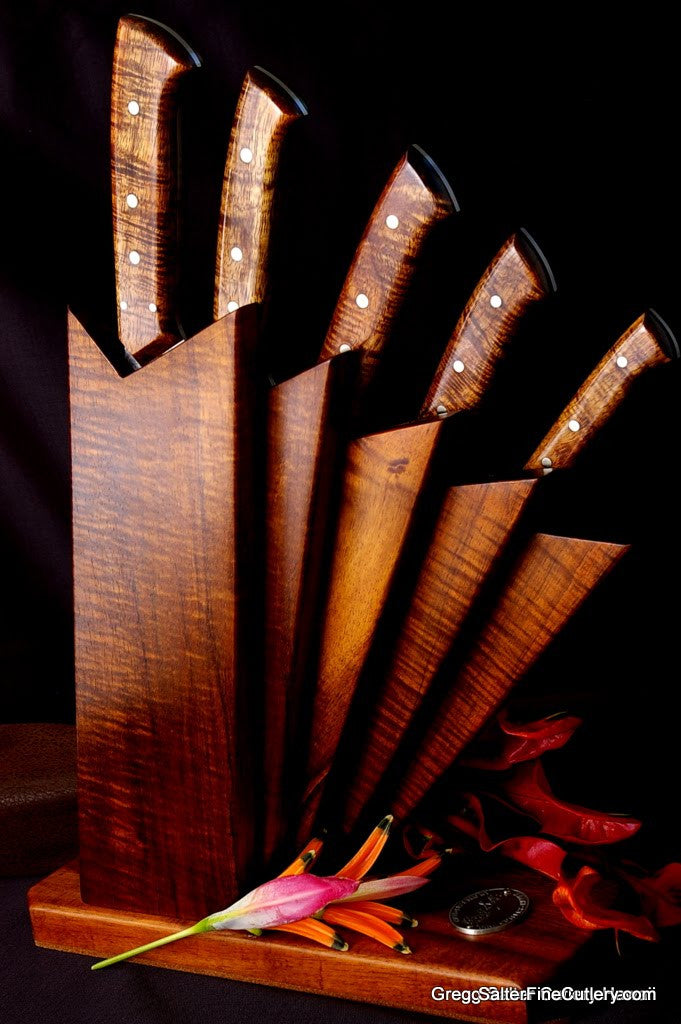 Custom order chef knife set in the original fan stand as designed by Salter Fine Cutlery